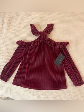 Beautiful unique kawaii ruffle corduroy red halter cold shoulder top